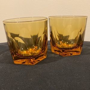 Vintage Gothic Hazel Atlas Barware Low Ball Rocks Glasses MCM Amber Gold